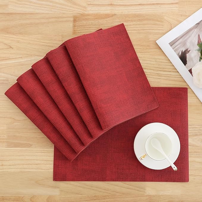 Homaxy Faux Leather Heat Resistant Placemats for Dining Table Set of 6, Waterproof Wipeable Washable PU Table Mats, Easy to Clean Anti-Slip Place Mats, 11.8" x 17", Red