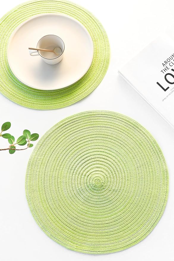 Floroom 15 Inch Round Braided Placemats Set of 4, Washable Heat Resistant Cotton Polyester Circle Place Mats for Kitchen Dining Table - Spring Green