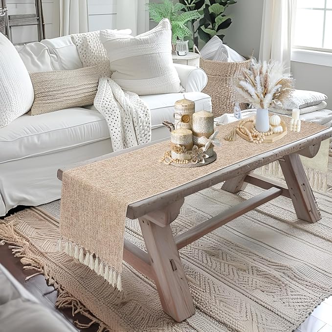 yuboo Boho Table Runner 90 inches Long- Rustic Burlap Linen Table Runner for Spring Wedding Decor, Bohemian Dresser Runners for Bedroom, Dining Table,Kitchen