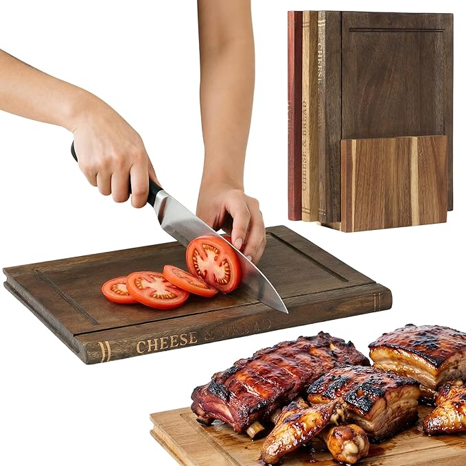 Wood Book Cutting Boards Set,Wooden Cutting Boards That Look Like Books,Wood Book Style Cutting Boards With Stand For Kitchen