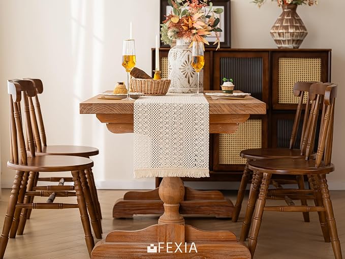 FEXIA Boho Table Runner for Home Decor with Tassels 72 Inch Farmhouse Burlap Table Runner Rustic Lace Decoration for Living Room Dining Table, Entryway Kitchen Natural Beige (12x72 Inch)