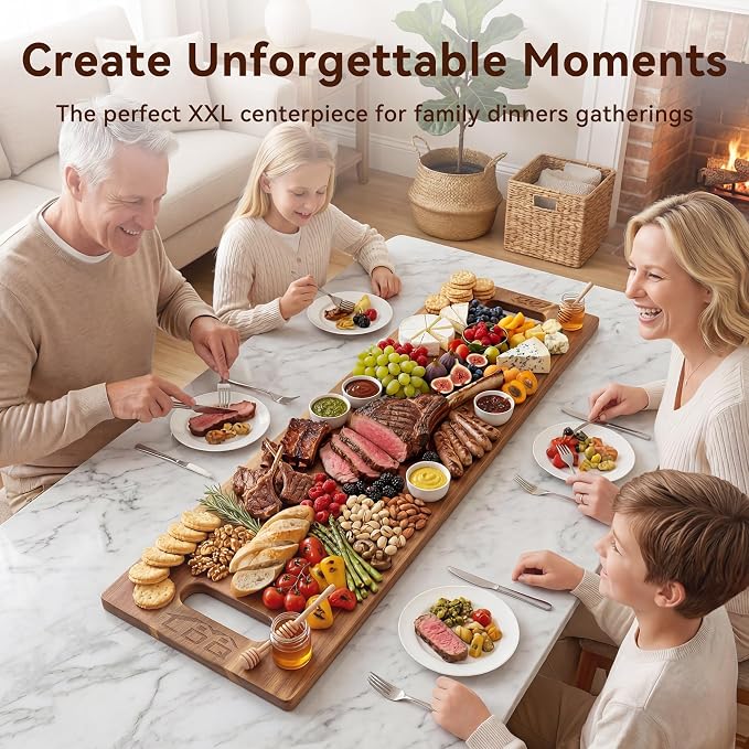 LDQ 36 Inch Extra Large Charcuterie Board, Acacia Wood Long Serving Board with Handles and 2 Stands, Rectangular Cheese Platter, Cutting Board and Serving Tray for Meat, Party Appetizers