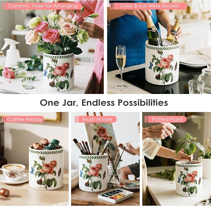 ACMLIFE Extra Large Cooking Utensil Holder, 7.3" Kitchen Utensil Holder for Countertop, Utensil Crock for Farmhouse Kitchen Decor, Ceramic Stable Utensil Caddy, Floral (Rose)