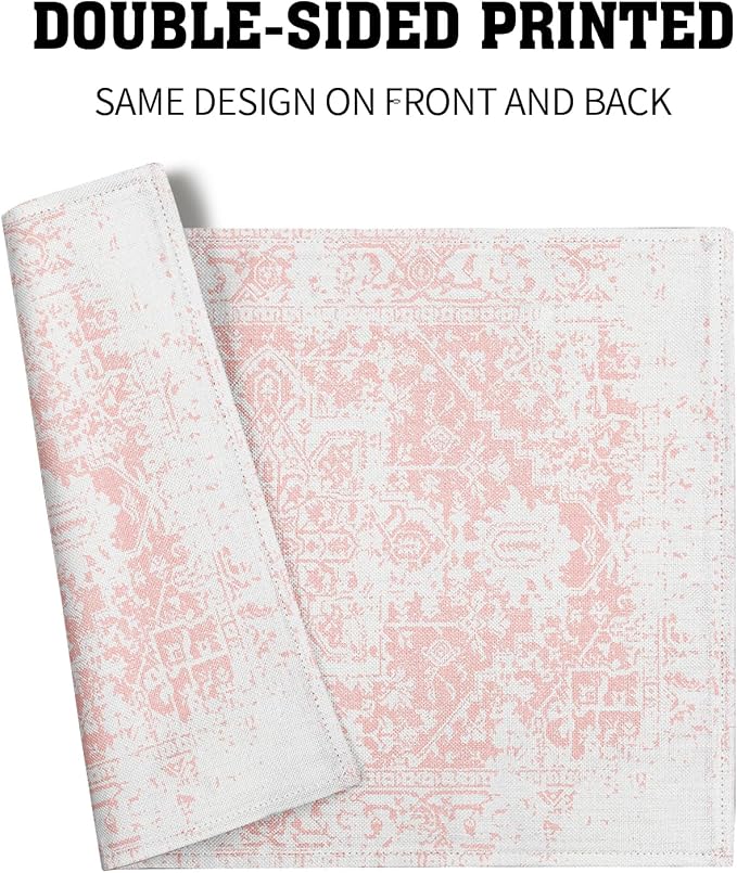 Gray Pink Boho Placemats Set of 4 Ethnic Bohemian Carpet Place Mats Washable Kitchen Dining Vintage Grey Geography Floral Linen Table Mats Stain Heat-Resistant for Home Party Indoor 12x18 in