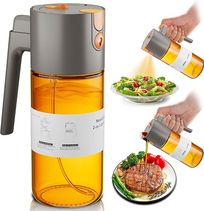 OURCABECUE Upgrade 2 in 1 Oil Sprayer for Cooking, 17oz Light-Blocking Glass Olive Oil Dispenser Bottle for Kitchen,Food-Grade Oil Mister with 8 Stickers for Salad, Frying (Grey)