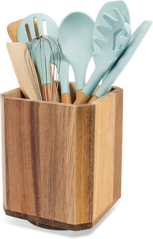 RedCall Acacia Wood Utensil Holder, 360° Rotating Large Cooking Utensil Organizer, Kitchen Tool Storage for Countertop,Spoon Spatula Holder for Kitchen Counter,Farmhouse Decor (1 Pack)