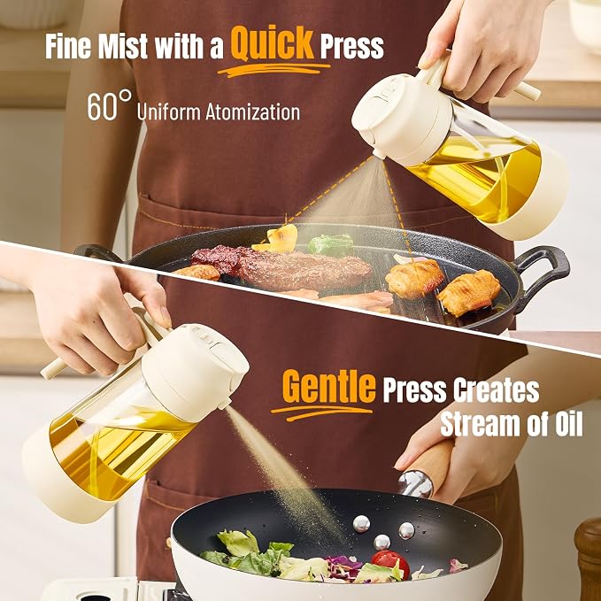 PARACITY Oil Dipenser Bottle with Silicone Bottom, 2 in 1 Olive Oil Sprayer and Dispenser, Oil Spray Bottle 500ML/ 17OZ for Cooking, Kitchen, BBQ, Air Fryer, Salad, Baking(1PC White)