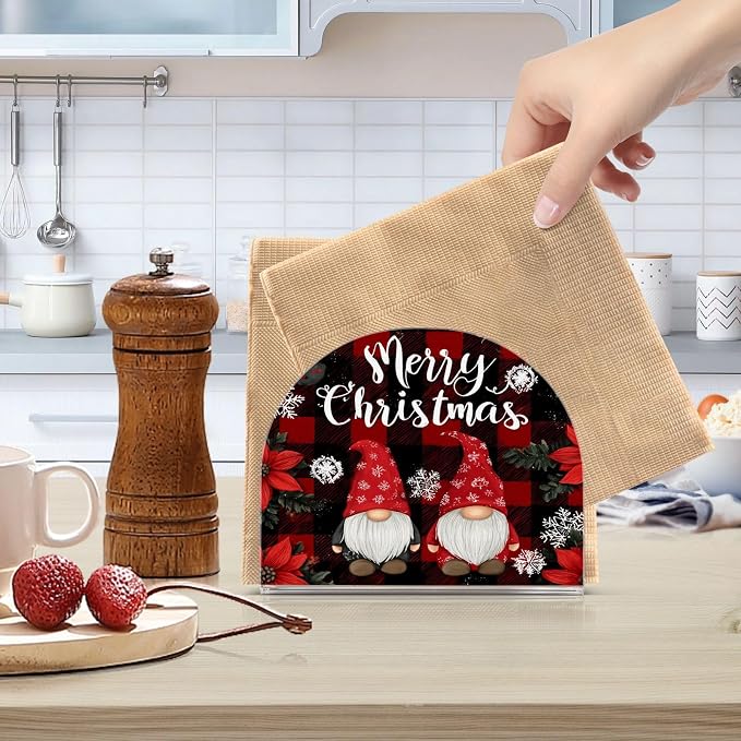 Napkin Holder Acrylic Napkin Holder for Table Kitchen Party Restaurant U Shaped Upright Napkin Dispenser Organizer Red and Black Checkered Christmas Gnomes