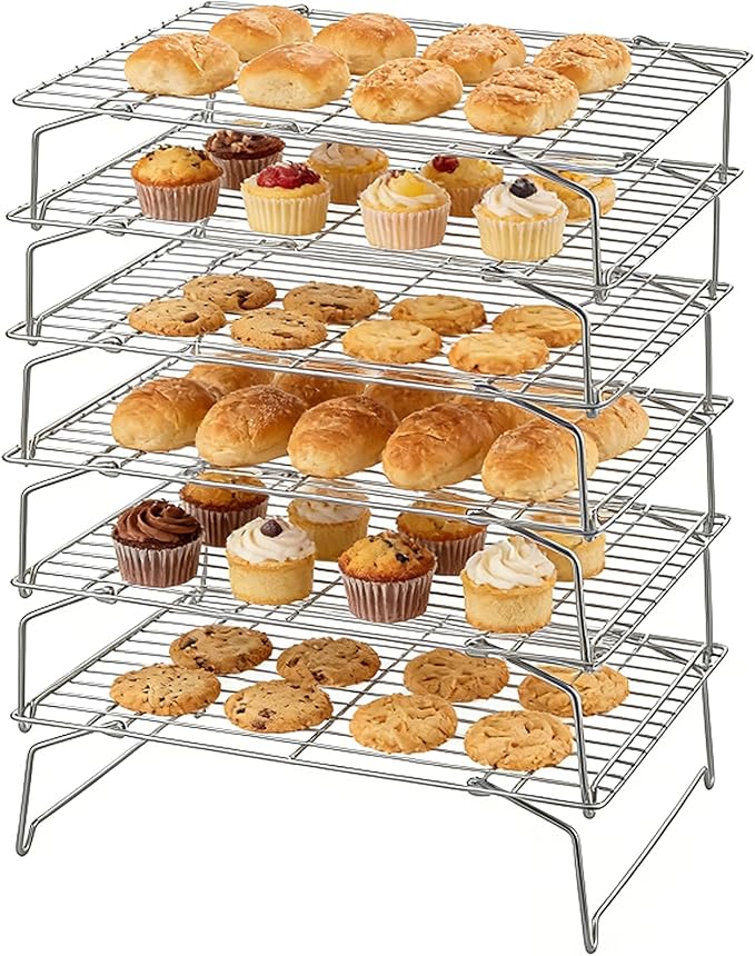 Herogo 15" x 10" Cooling Rack, 6-Tier Stainless Steel Baking Rack for Cookies, Cupcakes, and Pastries, Collapsible Space-Saving Design, Dishwasher Safe, Ideal for Baking, Roasting, and Drying