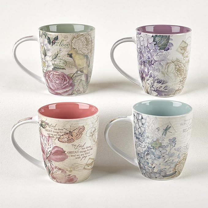 Christian Art Gifts Ceramic Coffee/Tea Mug Set for Women | Vintage Botanic Floral Inspirations Design Bible Verse Mug Set | Boxed Set/4 Coffee Cups