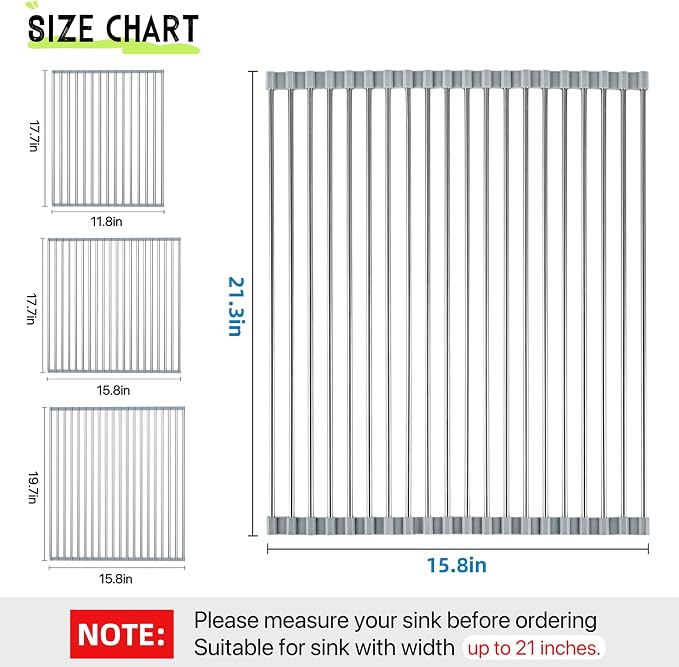 Roll Up Dish Drying Rack 21.3" x 15.8" Over The Sink Dish Drying Rack, Kitchen Dish Rack Stainless Steel Dish Drying Rack for Kitchen Sink Counter Storage (Grey)