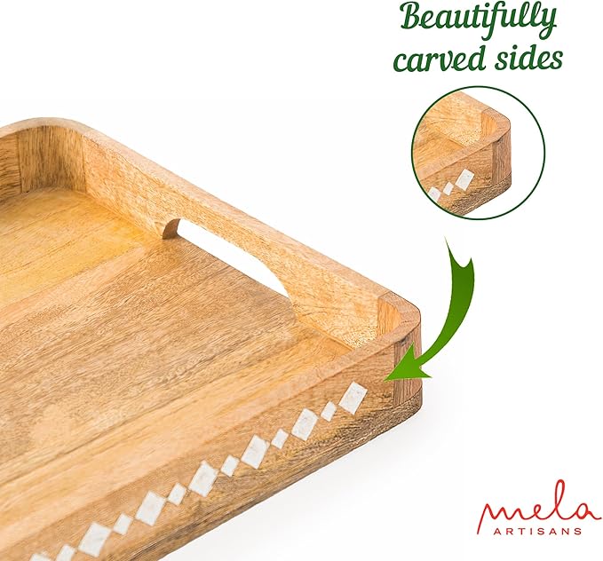 Mela Artisans Wooden Serving Tray with Handles | 15x10x1.75 inch | Mango Wood Decorative Tray | Ottoman Tray | Snacks | Desserts | Breads | Coffee Table | Bedroom | Rounded Edge Design
