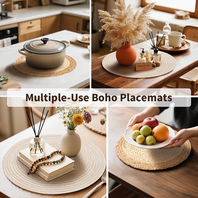 Handmade Round Boho Placemats Set of 4 | Natural Woven & Polyester Braided Combo Table Mats | 8-Piece Versatile Place Mats | Simple Rustic Farmhouse Style Dining Table Decor, Ivory