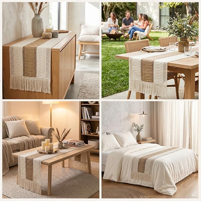 OurWarm Splicing Burlap Table Runner Farmhouse Style, Boho Table Runner Modern Farmhouse Decor Rustic Woven Cotton Crochet Lace for Bohemian, Rustic, Wedding, Bridal Shower, Dinner, 108 inch