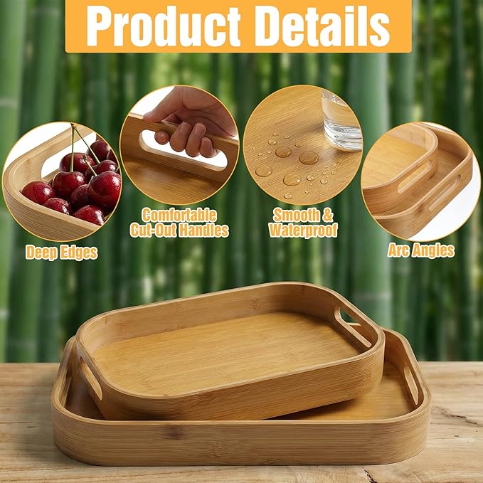 2-Pack Bamboo Serving Trays with Handles (16" & 13") – Large Solid Wood Breakfast Tray for Bed, Food Serving Platter for Coffee, Tea, Dinner, Party, Decorative Tray for Kitchen Counter & Living Room