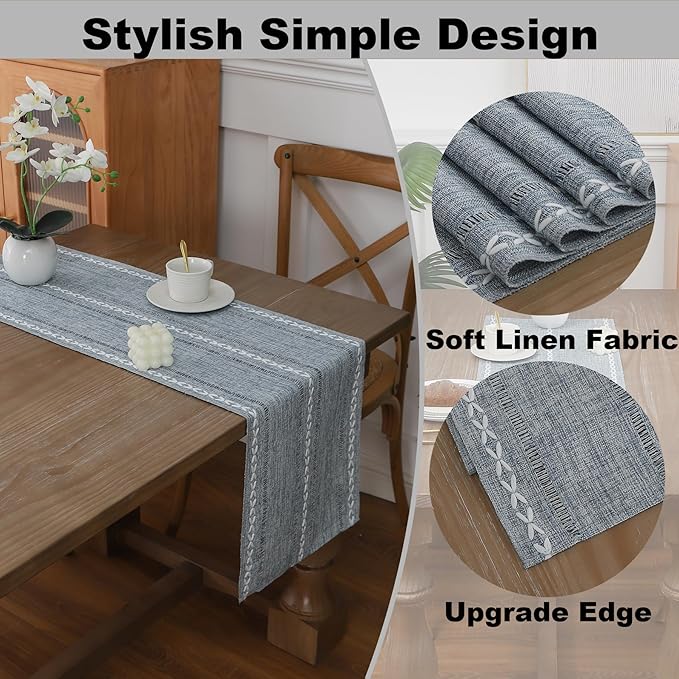 Gernaice Boho Table Runner, Rustic Cotton Linen Farmhouse Table Runners for Dresser End Coffee Table Home Decor, 36" L X 13" W Blue