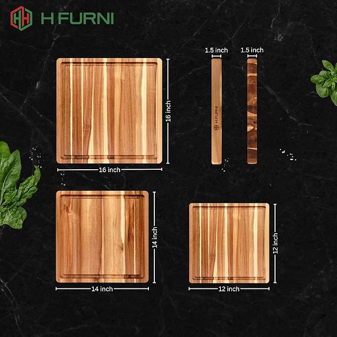 Large 16" Square, 1.5" Thick Acacia Solid Cutting Board, Wooden Chopping Board for Meat, Cheese and Charcuterie Board Built-in Handles with Juice Grooves, Durable, Easy Clean Kitchen Gift