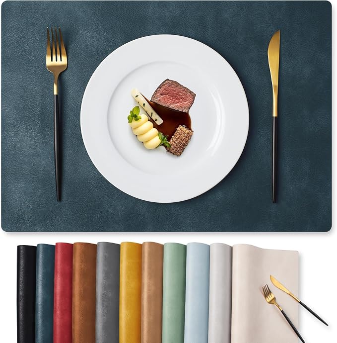 MOSAYT Vinyl Placemats Set of 4-12 X 17 Inch - Faux Leather 100% Waterproof Oil-Proof Wipeable PU Place Mats, Heat Resistant Reversible Table Mats for Kitchen, Dining, Outdoor, Navy Blue