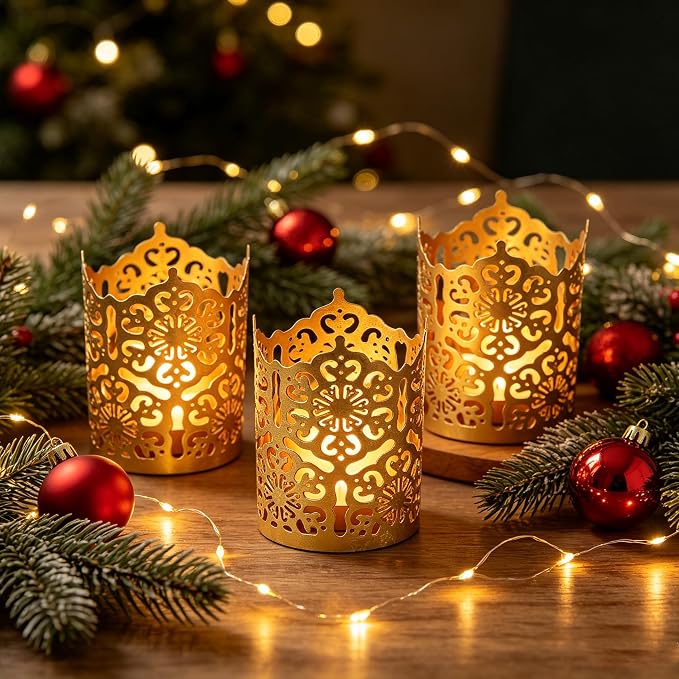 Hosley Set of 3 Gold Diamond Cut Candle Holders 4 Inches High Elevate Your Space with Elegant Metal Candle Holders in a Value Pack