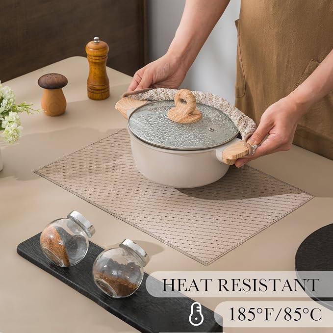 BACKTOEDEN Placemats Set of 6 Heat Resistant Washable Wipeable Placemat Woven Non-Slip Foldable Vinyl/Plastic Place Mats Indoor/Outdoor Mat Kitchen Dining Table Pad, Khaki Twill