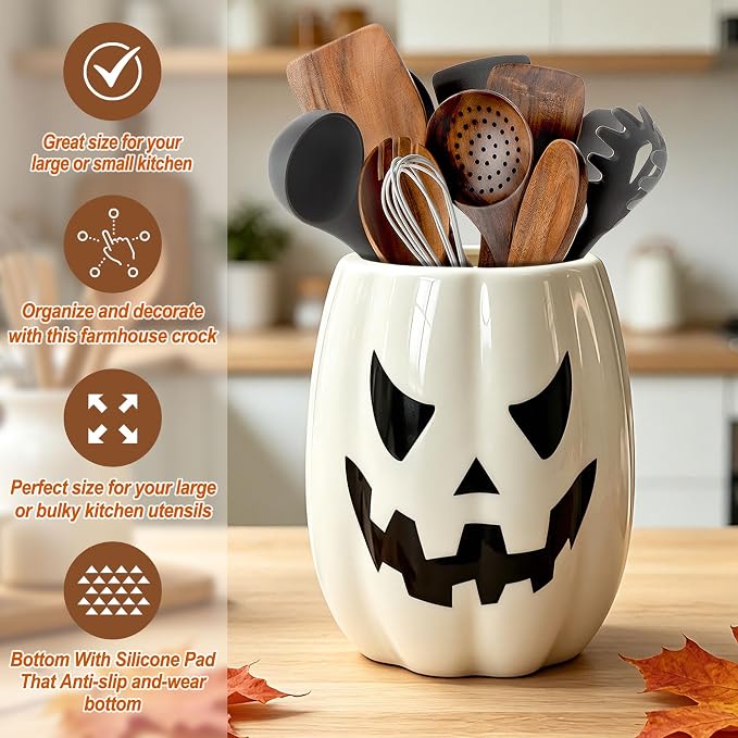 pinata Halloween Kitchen Decor Ceramic White Pumpkin Utensil Holder, Cute Halloween Utensils Holder, Ceramic Utensils Crock for Rustic Farmhouse Indoor Kitchen Decorations(6.3 Inches)