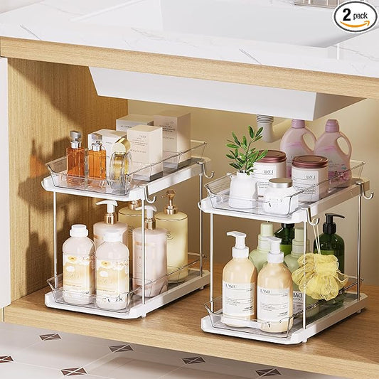 Delamu 2 Tier Under Sink Organizer Bathroom, Bathroom Cabinet Organizer with Snap-Lock Design and Hooks, Pull Out Storage with Movable Dividers, for Countertop, Kitchen and Pantry (White, 2 Pack)