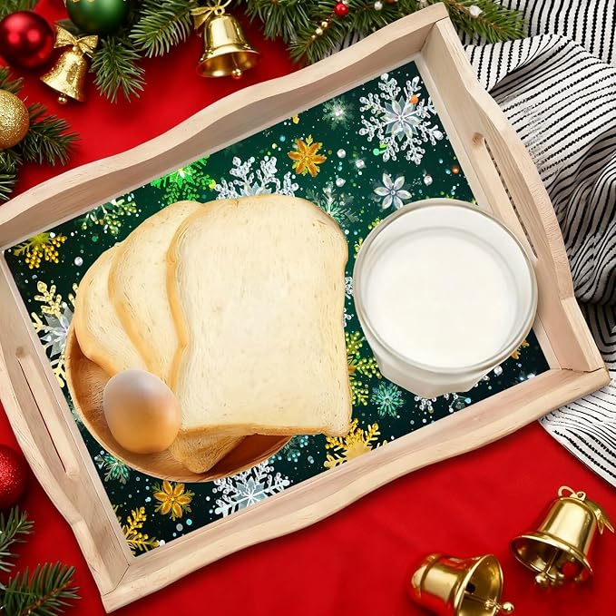 BAYUNOE DIY Diamond Serving Tray Christmas Rectangular Breakfast Tray with Handle Handmade Diamond Art Painting Wooden Tray for Dinner Plate Coffee Room Living Home Organizer-Snowflake