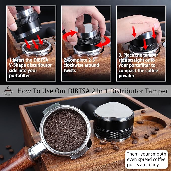 DIBTSA 58mm Espresso Distributor and Tamper, Dual Head Coffee Leveler, Adjustable Depth, Stainless Steel Espresso Distribution Tool for 58mm Portafilter (Black)