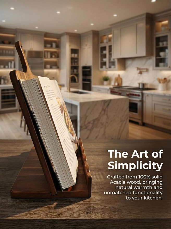 Acacia Wood Cookbook Stand for Kitchen Counter 15.7"x11.8" with Handle, 2-Piece Scalloped Recipe Book Holder with Removable Charcuterie Board, Rustic Kitchen Decor, Gift-Ready Recipe Card Display
