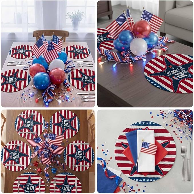 4th of July Round Placemats Set of 8 Happy 4th of July Place Mats Independence Day Woven Placemat Red White Blue Starfish Star Stripes Circle Braided Table Mat for Kitchen Dining Table Party 15 Inch