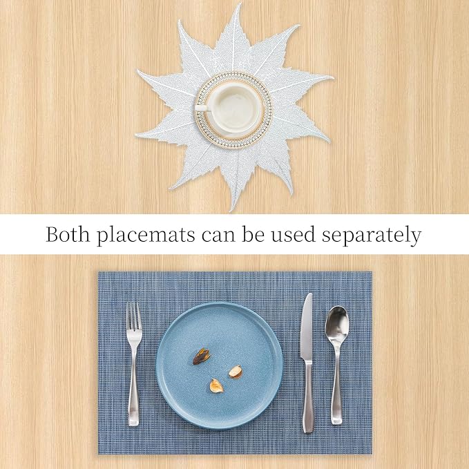 BACKTOEDEN Placemats Set of 6 Heat Resistant Washable Wipeable Placemat Woven Non-Slip Foldable Vinyl/Plastic Place Mats Indoor/Outdoor Mat Kitchen Dining Table Pad, Silver Maple Leaf & Blue