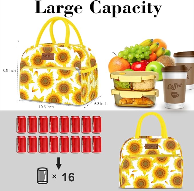 Coobiiya Lunch Bag Women, Lunch Box for Women Adult Men, Small Leakproof Cute Lunch Tote Large Capacity Reusable Insulated Cooler Lunch Container for Work/Office/Picnic/Travel-Sun Flower