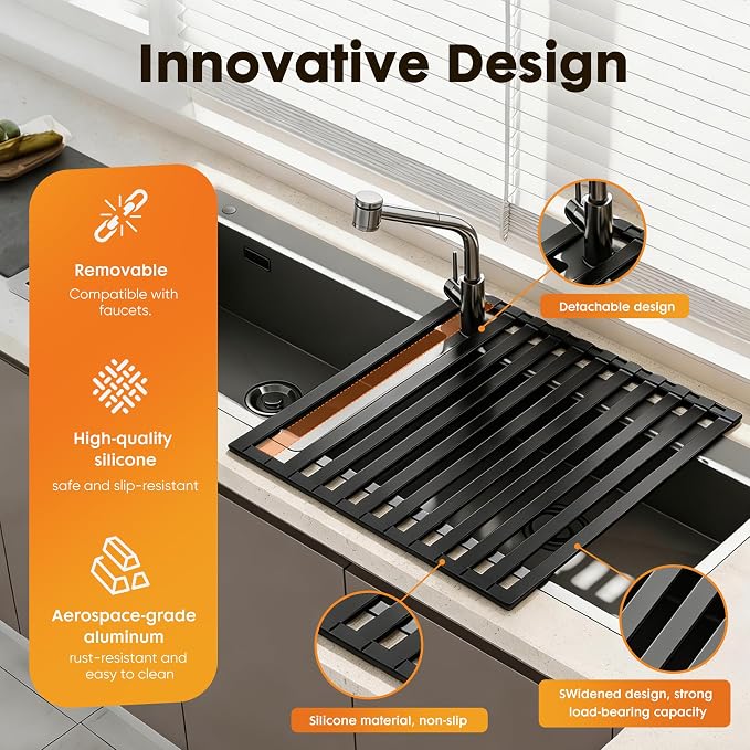 Foldable Over Sink Dish Drying Rack, Extra Wide & Thick Rust-Proof Aluminum Sink Cover for Counter Space, Collapsible Dish Drying Rack Fits Most Kitchen Sinks (Black, 23.6“x13.6)