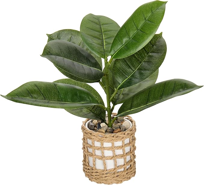 Briful Fake Plants Potted Plant Artificial Realistic Houseplant in White Ceramic Vase Wrapped Woven Pot, Fiddle Leaf Fig Faux Plant Indoor for Home Farmhouse Wedding Living Room Shelf Decor