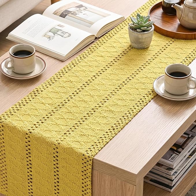 Artoid Mode Yellow Farmhouse Woven Rustic Hollow Table Runner, Seasonal Holiday Hollow Kitchen Dining Table Decoration for Home Party Decor 12x120 Inch