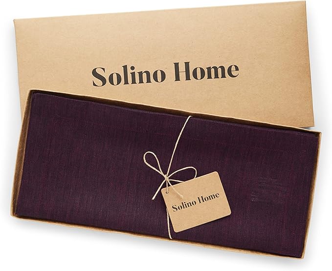 Solino Home Linen Chambray Burgundy Table Runner 144 Inches Long - Athena, 100% Pure Linen 14 x 144 Inch Table Runner
