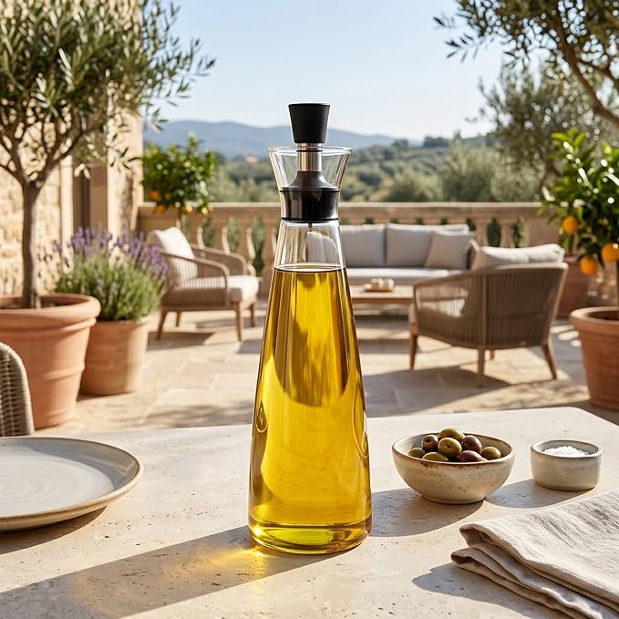 Restaurantware-Forma Professional 3 x 3 x 10.5 Inch Glass Oil Drizzler, 1 Borosilicate Olive Oil Dispenser - 17-Ounce Capacity, Stainless Steel Spout, Glass Bottle Dispenser, Silicone Cap, For Oils