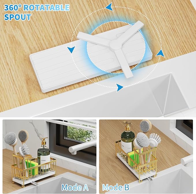 Cisily Sponge Holder for Kitchen Sink, Sink Caddy Organizer with High Brush Holder, Kitchen Countertop Organizers and Storage Essentials, Rustproof 304 Stainless Steel (Gold, 9.25″)