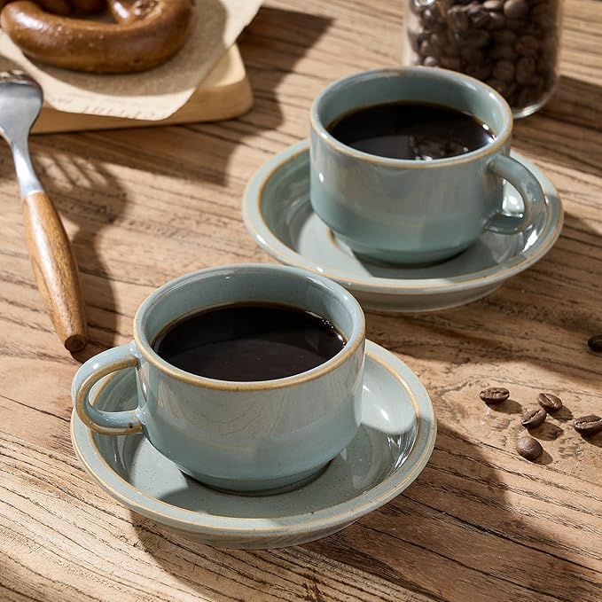 JIEMEI HOME Porcelain Stackable Espresso Cups with Saucers and Metal Stand, 4 Ounce Demitasse Cups for Latte, Cafe Mocha, Tea - Set of 6, Reactive Glaze, Green