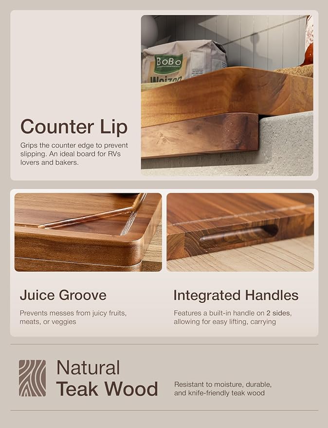 TIDITA Teak Wood Cutting Board with Lip - 16” x 12” Wooden Chopping Boards for Kitchen - Serving Platter, Pastry Board, Wooden Cutting Board with Counter Lip, Handles - Teak, Juice Groove, Removable
