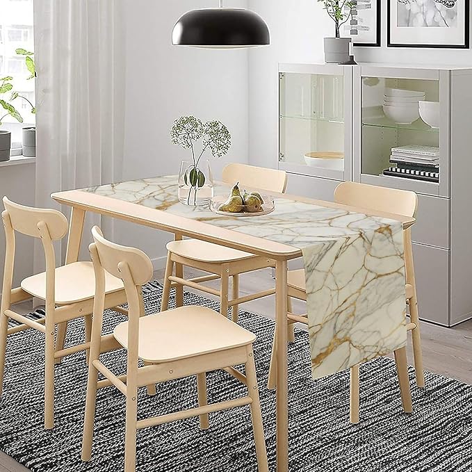 Marble Table Runner, Abstract White and Gold Modern Luxury Texture Printed Linen Table Runners for Living Room Kitchen Dining Room Party Holiday Home Decor 13" W x 60" L
