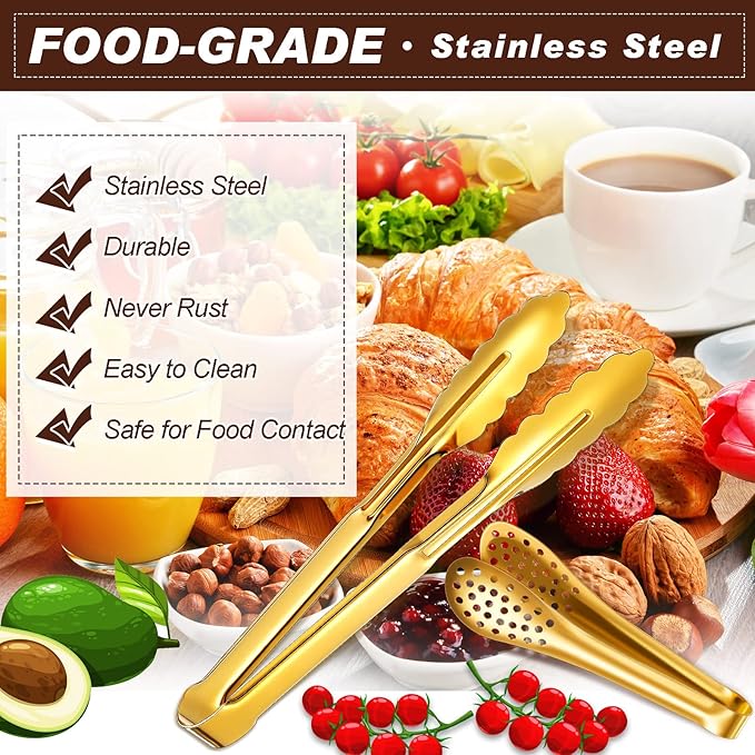 Sawysine 12 Pieces Tongs for Serving Utensils Mini Serving Tong Stainless Steel Appetizer Kitchen Toy Sugar Ice Food Cooking Utensils for Salad Buffet Party, 5 Inch, 9 Inch(Gold)