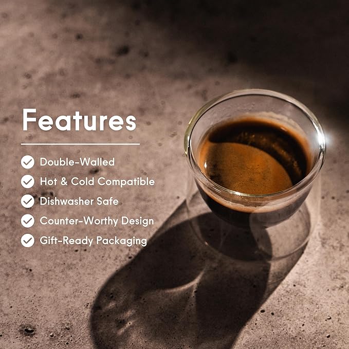 FLUR Espresso Glasses (Set of 2) Perfect for Espresso, Macchiatos & Small Espresso Drinks – Double-Walled Borosilicate Glass – Handmade, Lightweight & Durable – 3oz (Purple)