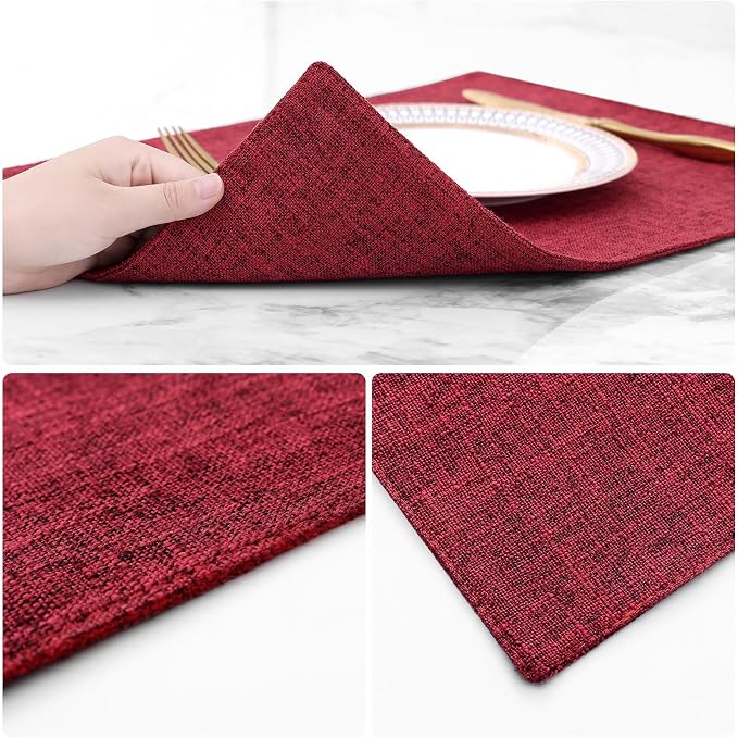homing Faux Cotton Linen Placemats Set of 6, Cloth Washable Farmhouse Dining Table Mats for Indoors & Outdoors, Easy to Clean, Red, 13 x 19 Inch
