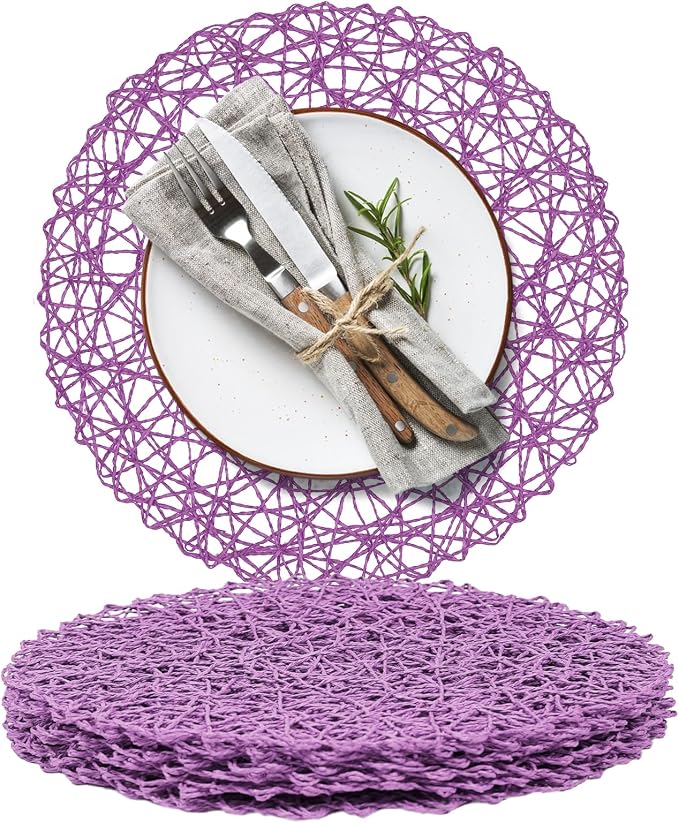 AHHFSMEI Paper Braided Round Placemats Set of 6 Natural Non-Slip Heat Resistant Table Mats for Dining Tables Woven Indoor Outdoor Place mats(Purple)
