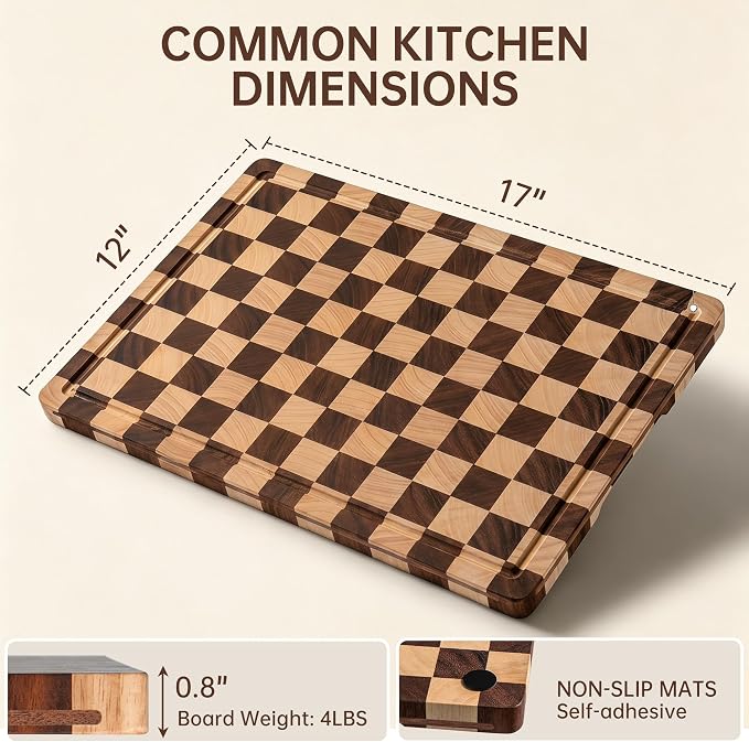 THETCHRY Cutting Boards for Kitchen, Checkered Wooden Chopping Board Structural Upgraded, Walnut Cutting Board with Juice Grooves & Handles, Butcher Block Serving Tray with Gift Box, 17"X 12"X 0.8"