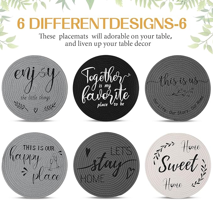 13 Inch Round Cotton Placemat Set of 6 Woven Boho Coasters Table Mats Dining Table Setting Decor Washable Heat Resistant Farmhouse Circle Place Mats for Home Accessories(Grey, Black)
