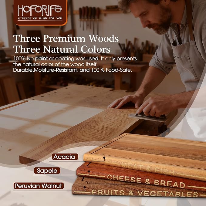 3-Piece Wooden Cutting Boards Set Like Books Wood & Brown | Acacia, Sapele & Peruvian Walnut Book Shaped Cutting Board with Stand Decorative & Functional Cutting Boards for Kitchen