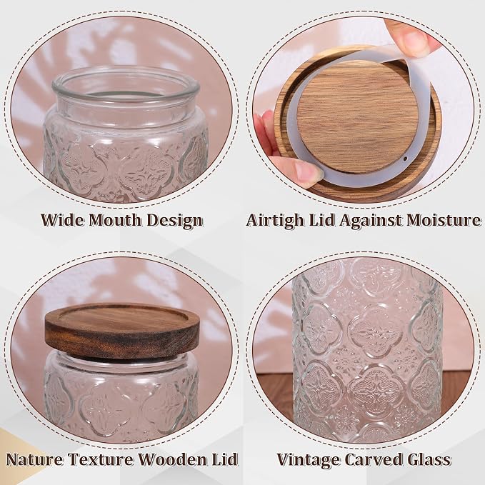 SHENLIU 3Pcs 17/24/34 oz Glass Jar with Airtight Lid, Vintage Food Storage Containers Set Food Jars Canisters for Kitchen Counter Pantry, Sugar, Flour, Candy, Tea, Coffee Beans, Oats, Grain Bin, Pasta