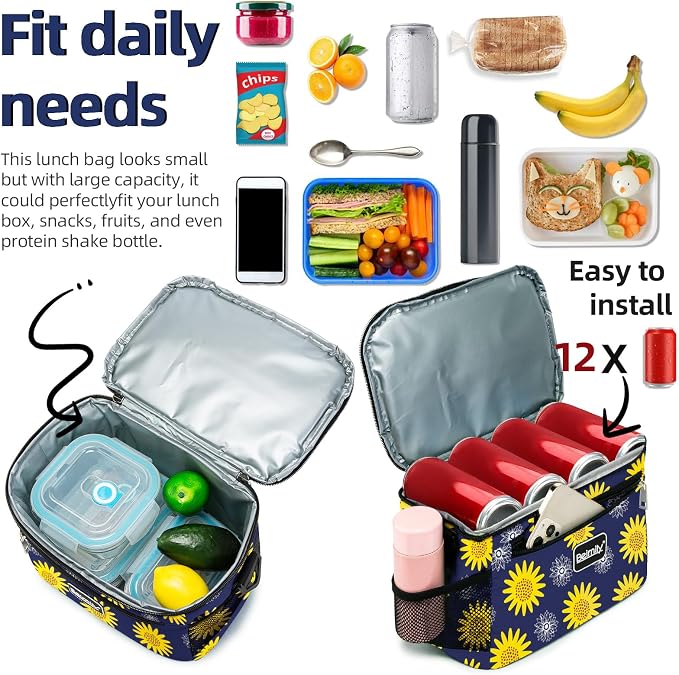 BEIMILY Lunch Box for Men/Women,Small Insulated Lunch Bag,Reusable LunchBox for work Picnic Hiking Beach,Leakproof Soft Cooler Tote Bag Organizer with Adjustable Shoulder Strap for Adults(sunflower)